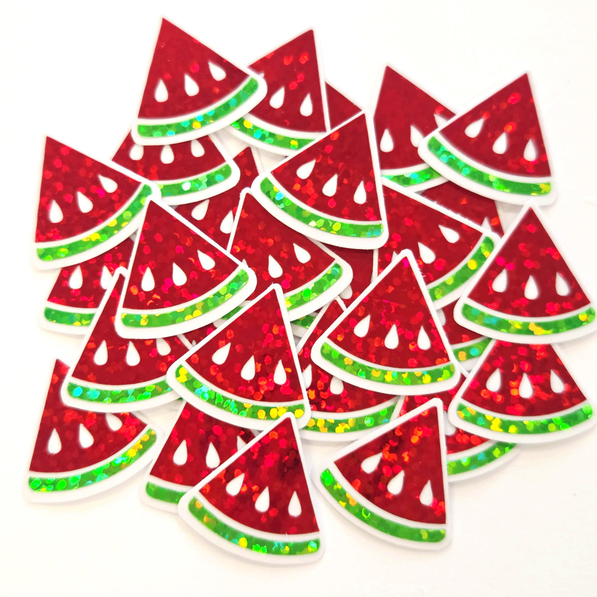 Mini Red Watermelon Fruit Stickers, 10 Waterproof Die Cut Glitter Vinyl Decals, Peel & Stick, choose amount