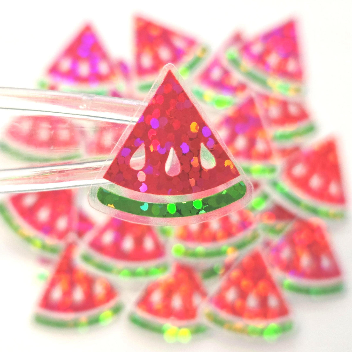 Mini Red Watermelon Fruit Stickers, 10 Waterproof Die Cut Glitter Vinyl Decals, Peel & Stick, choose amount