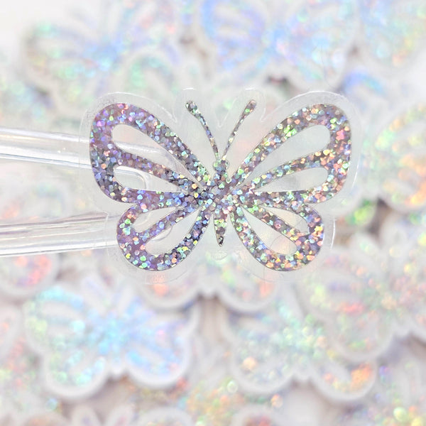 Mini Silver Sparkly Butterfly Stickers, Waterproof Die Cut Vinyl Decals, Peel & Stick, choose amount