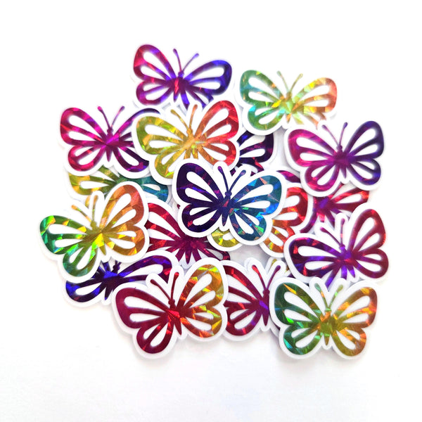 Rainbow dies cut butterfly shaped stickers in mini size.