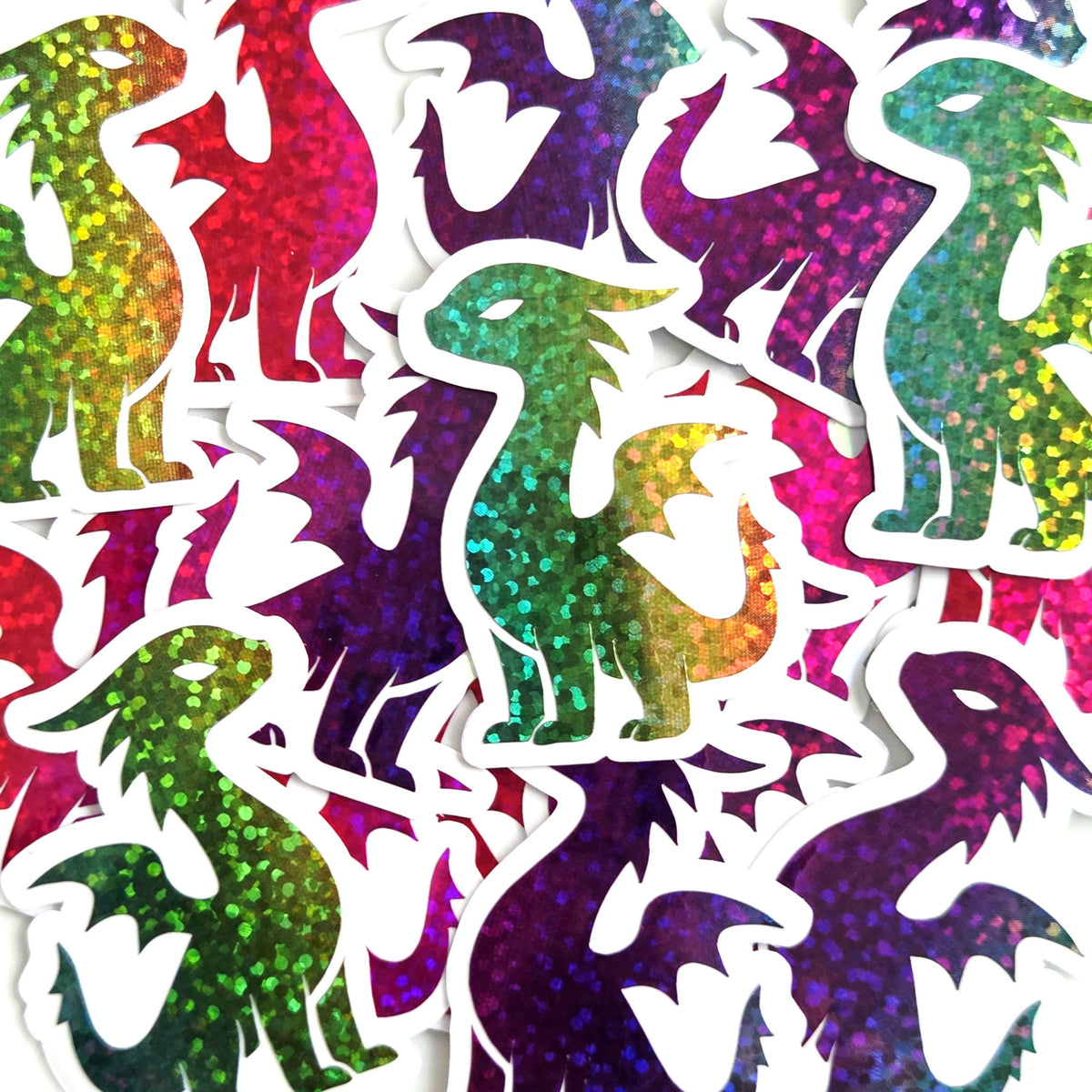 Mini Rainbow Dragon Stickers, Die Cut Glitter Vinyl Decals, Peel & Stick, choose amount.
