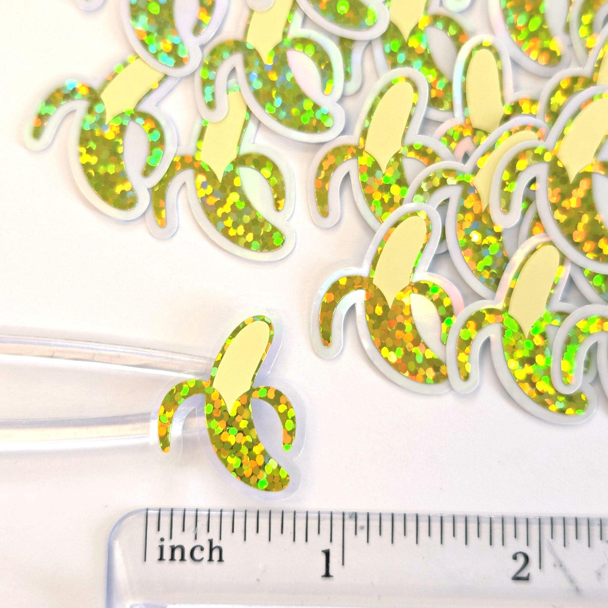 Mini Banana Stickers, die-cut sparkly fruit stickers for journals, scrapbooks and planners.