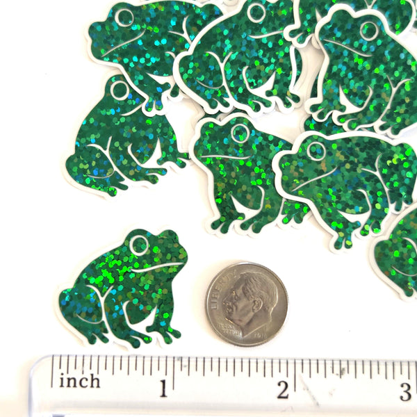 Mini Green Frog Stickers, Die Cut Glitter Vinyl Decals, Peel & Stick, choose amount.