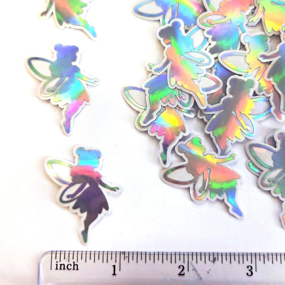 Mini Fairy Stickers, set of 10 or more, iridescent silver Die-Cut Vinyl Decals, Peel & Stick, choose amount.