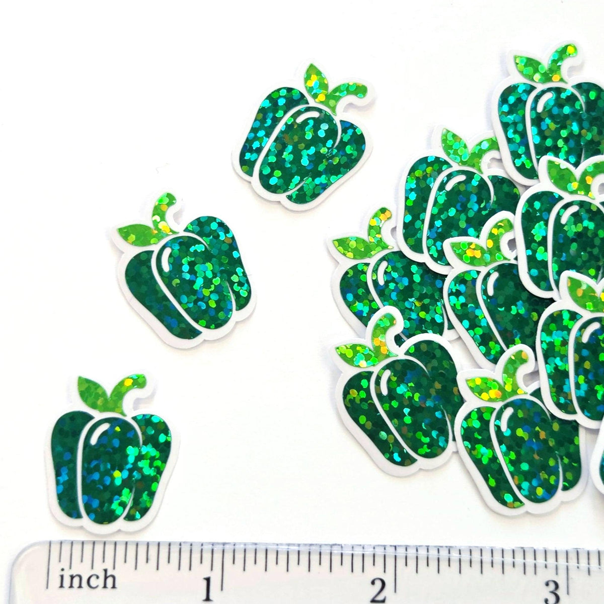 Green Bell Pepper Stickers, Vegerable Garden Die Cut Glitter Vinyl Decals, Peel & Stick, choose amount