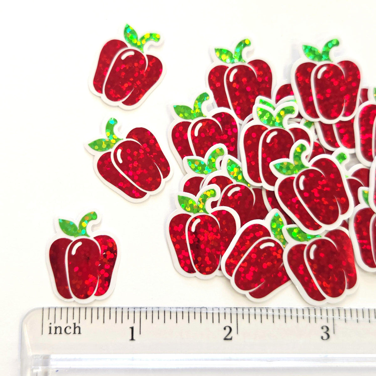 Red Bell Pepper Stickers, Vegetable Garden Die Cut Glitter Vinyl Decals, Peel & Stick, choose amount