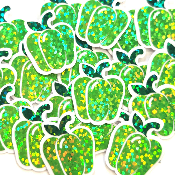 Mini Green Bell Pepper Stickers, Vegerable Garden Die Cut Glitter Vinyl Decals, Peel & Stick, choose amount