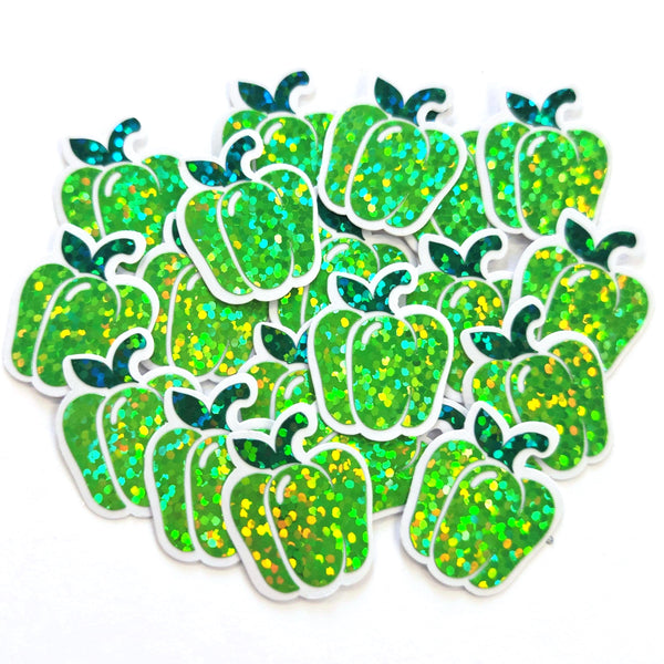 Mini Green Bell Pepper Stickers, Vegerable Garden Die Cut Glitter Vinyl Decals, Peel & Stick, choose amount
