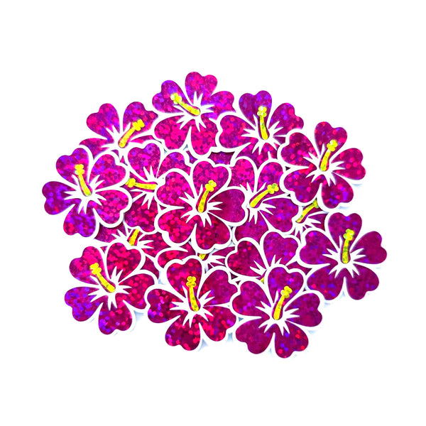 Mini Orange Glitter Hibiscus Flower Stickers, Tropical Die Cut Blooms, Clear Outline Vinyl