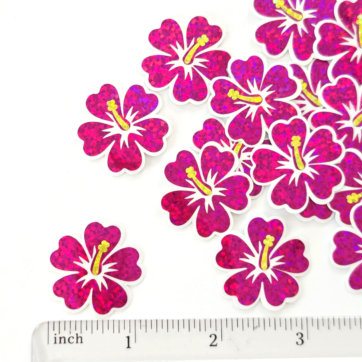Mini Magenta Pink Hibiscus Flower Stickers, tropical blooms, summer garden, island beach wedding stickers, choose color.