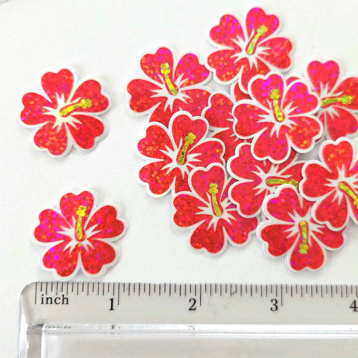 Mini Pink Hibiscus Flower Stickers, tropical blooms, summer garden, island beach wedding stickers, choose color.