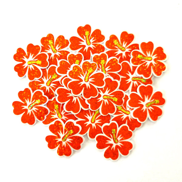 Mini Orange Glitter Hibiscus Flower Stickers, Tropical Die Cut Blooms, Clear Outline Vinyl