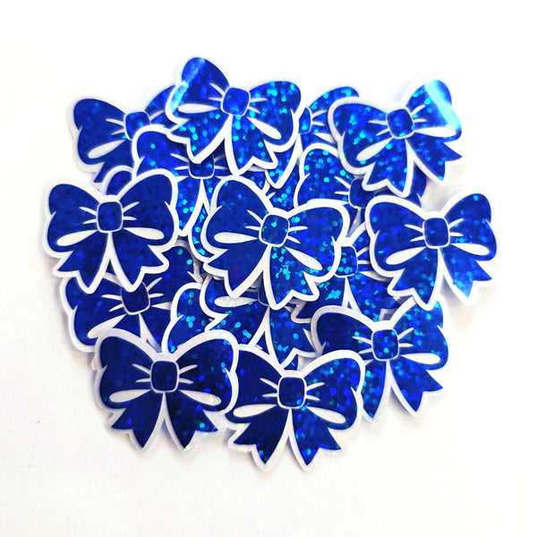 Mini Sparkly Blue Bow Stickers, Ribbon Decals, clear outline