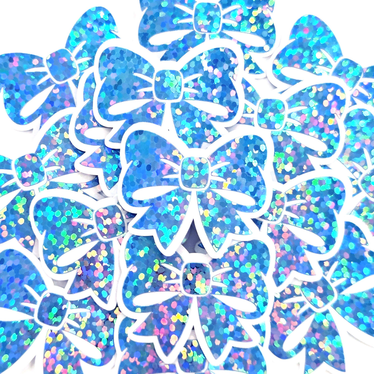 Mini Sparkly Light Blue Bow Stickers, Ribbon Decals, clear outline