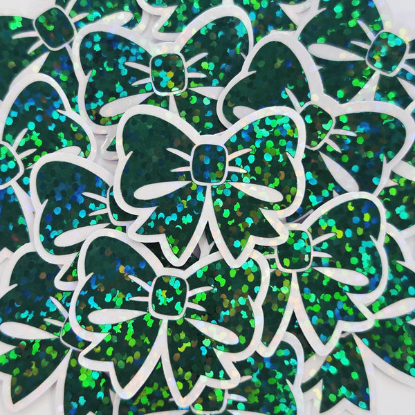 Dark Green Bow Mini Stickers, Sparkly Ribbon Decals, clear outline
