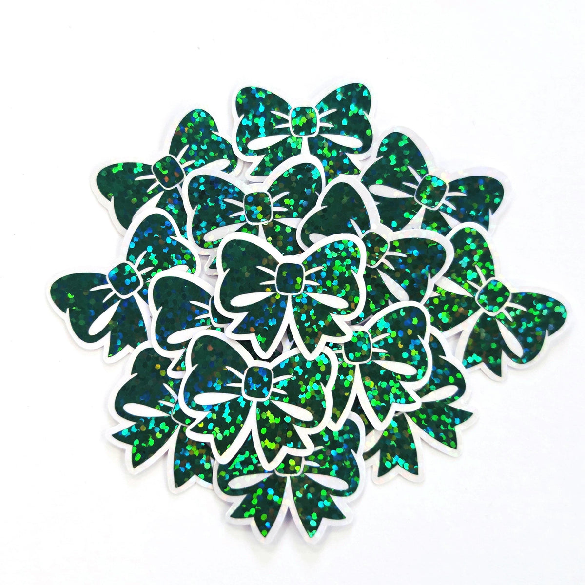 Dark Green Bow Mini Stickers, Sparkly Ribbon Decals, clear outline