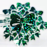 Dark Green Bow Mini Stickers, Sparkly Ribbon Decals, clear outline