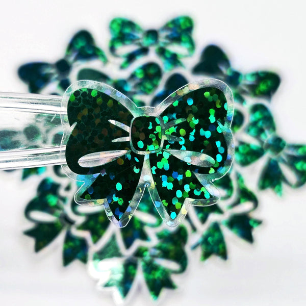 Dark Green Bow Mini Stickers, Sparkly Ribbon Decals, clear outline