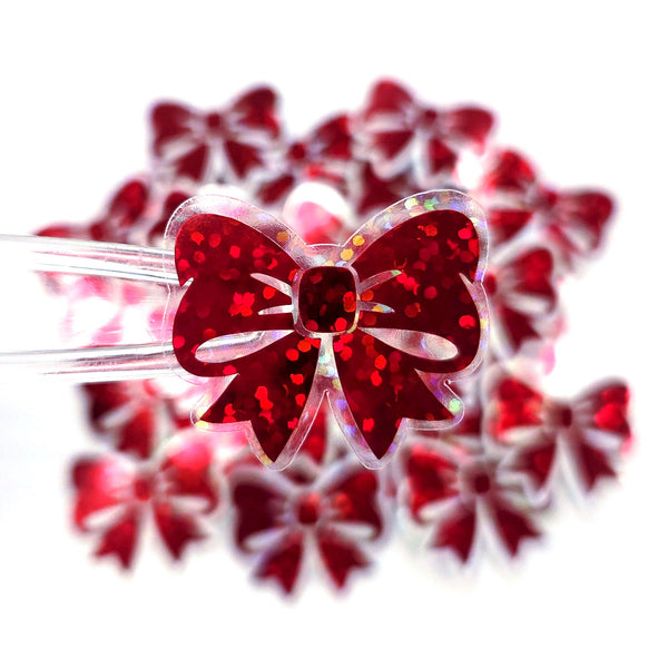 Red Bow Stickers, Small Sparkly Ribbon Vinyl Decals with clear outline