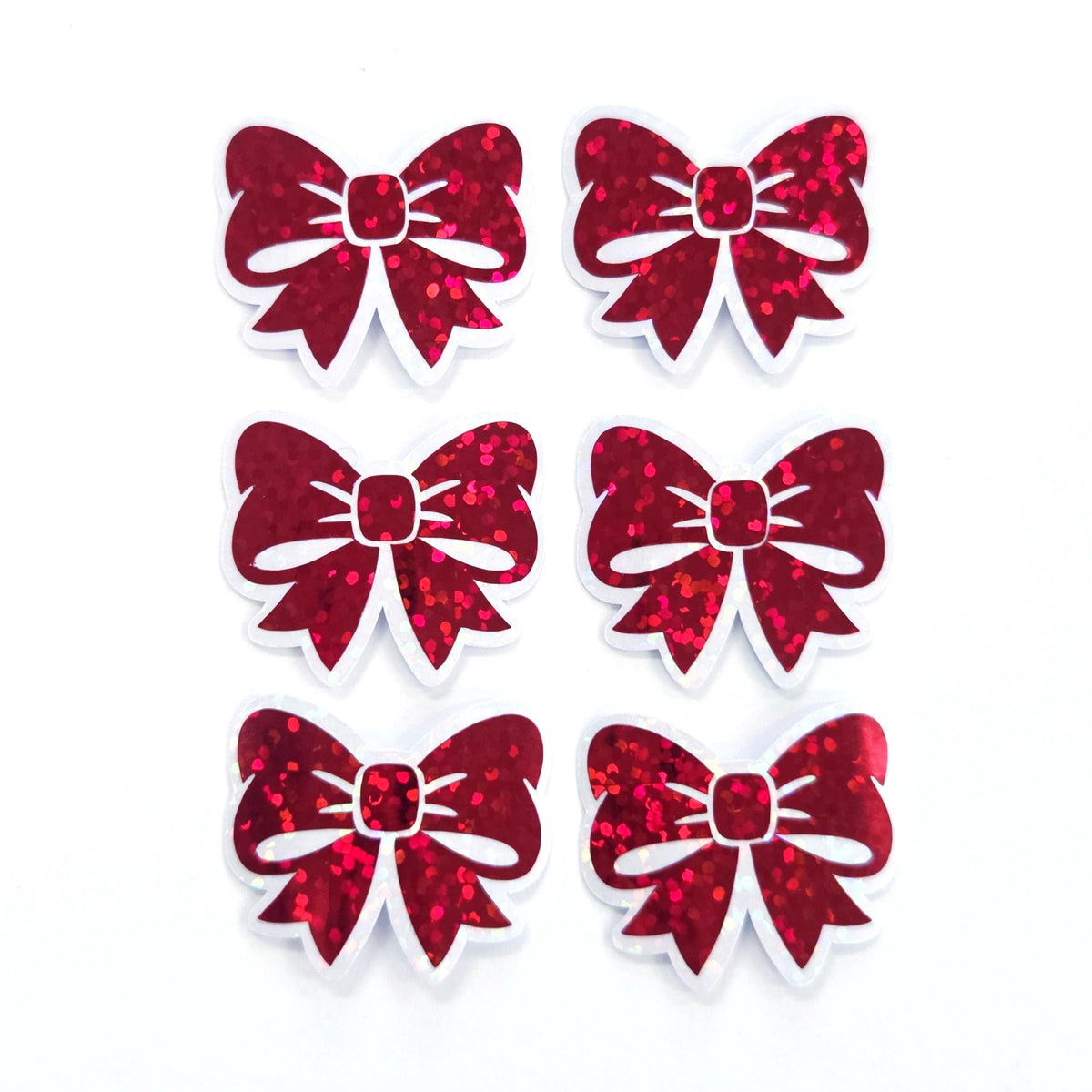 Red Bow Stickers, Small Sparkly Ribbon Vinyl Decals with clear outline