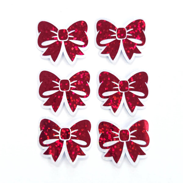 Red Bow Stickers, Small Sparkly Ribbon Vinyl Decals with clear outline