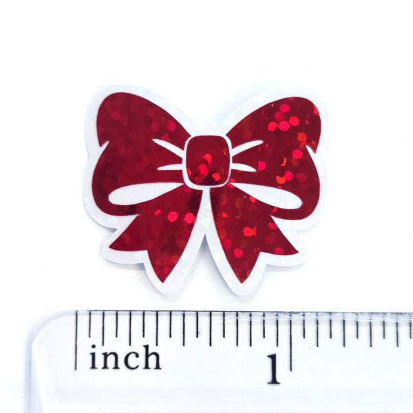 Red Bow Stickers, Small Sparkly Ribbon Vinyl Decals with clear outline