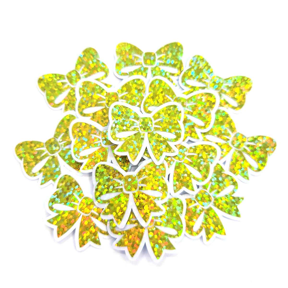 Small Yellow Bow Stickers, Sparkly Ribbon Decals, clear outline