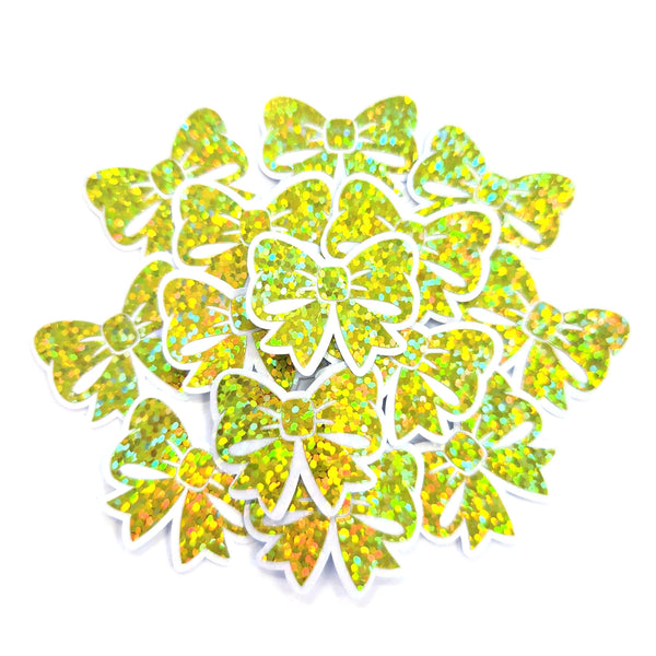 Small Yellow Bow Stickers, Sparkly Ribbon Decals, clear outline