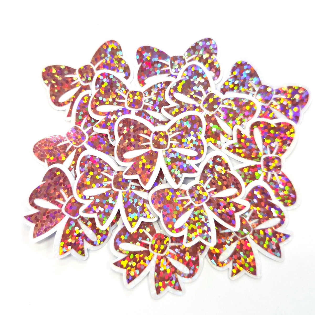 Light Pink Bow Stickers, Mini Pink Sparkly Ribbon Vinyl Decals, clear outline