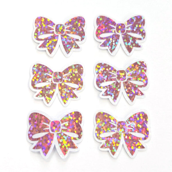 Light Pink Bow Stickers, Mini Pink Sparkly Ribbon Vinyl Decals, clear outline