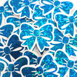 Turquoise Bow Stickers, Sparkly Mini Ribbon Decals with clear outline