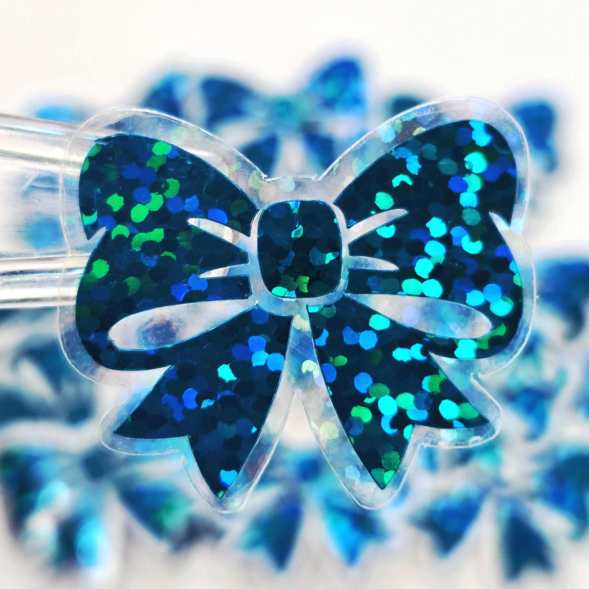 Turquoise Bow Stickers, Sparkly Mini Ribbon Decals with clear outline
