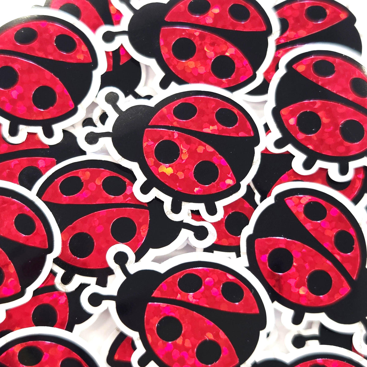 Pink Ladybug Stickers, small sparkly bug decals with clear outline