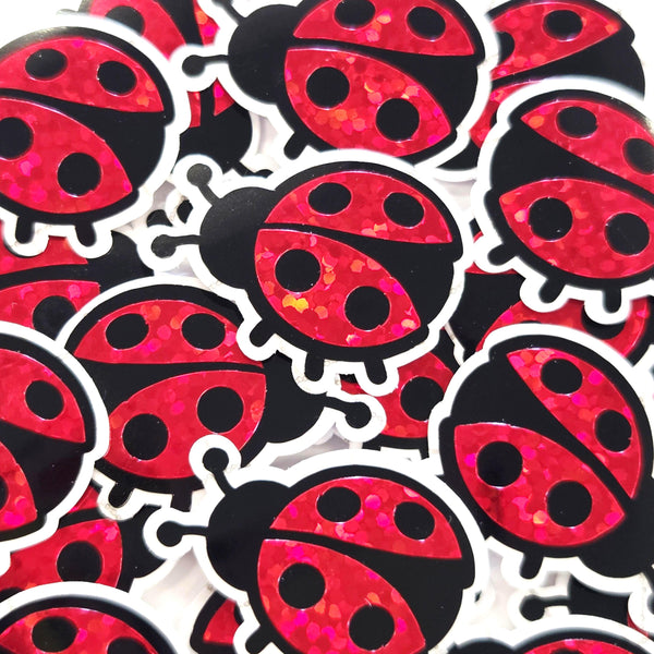 Pink Ladybug Stickers, small sparkly bug decals with clear outline