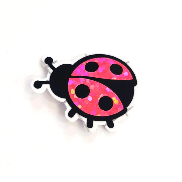 Pink Ladybug Stickers, small sparkly bug decals with clear outline