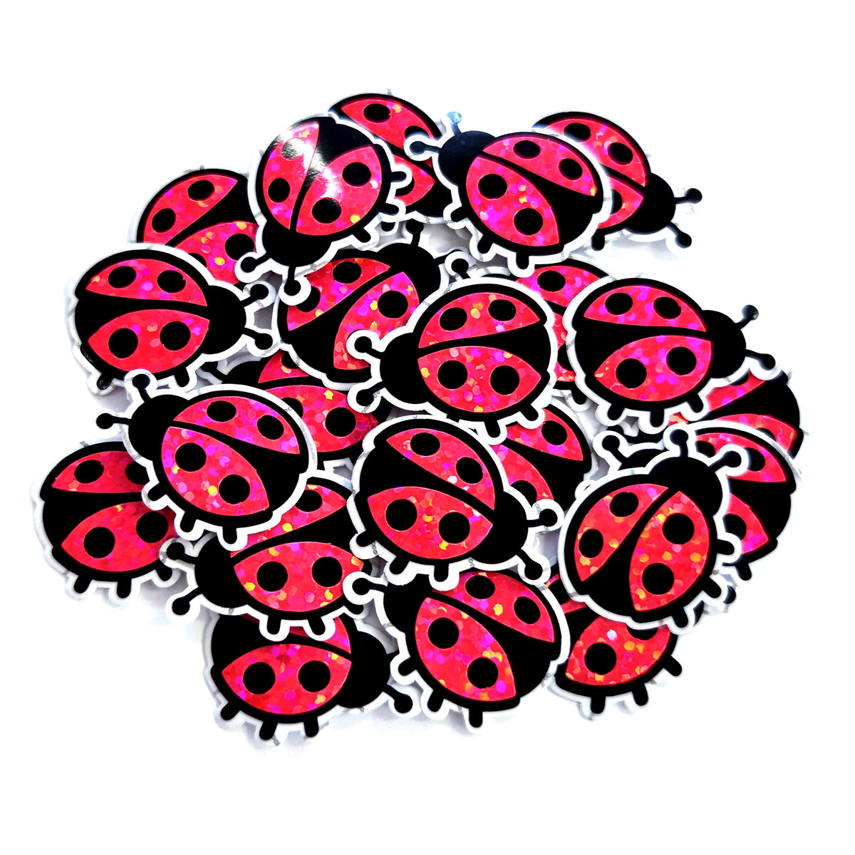 Pink Ladybug Stickers, small sparkly bug decals with clear outline