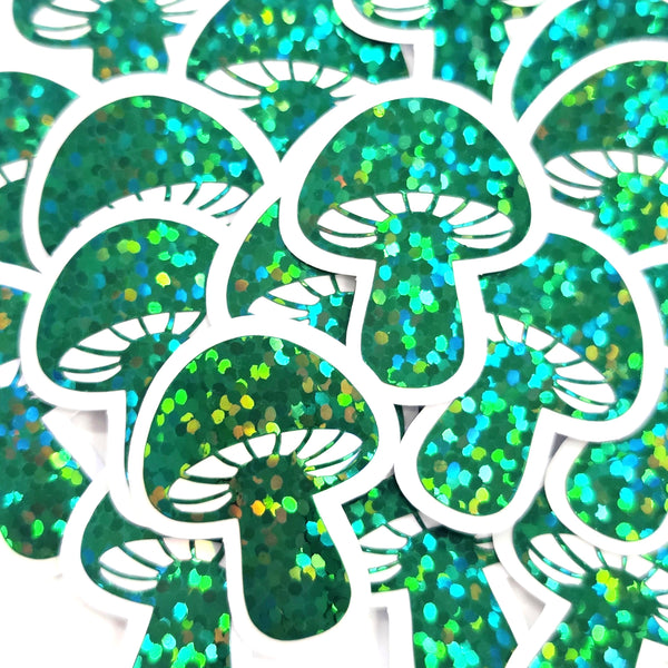 Tiny Green Mushroom Stickers, set of 12 die-cut sparkly toadstool decals for cottagecore scrapbooking, crafts, journals