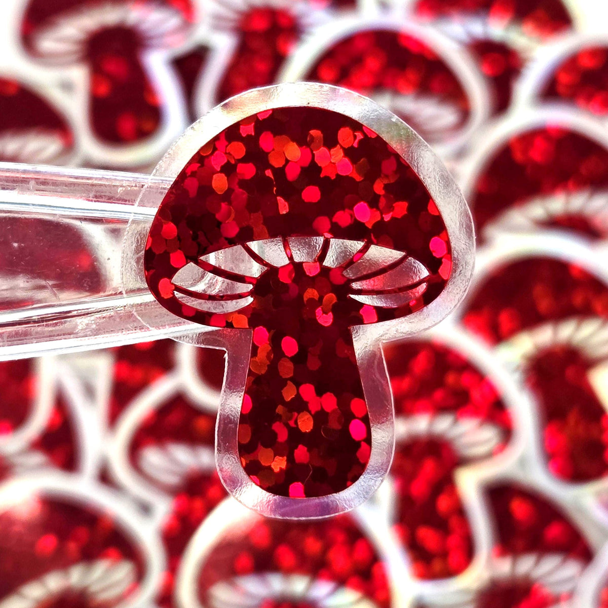 Tiny Red Mushroom Stickers, set of 12 die-cut sparkly toadstool decals for cottagecore scrapbooking, crafts, journals