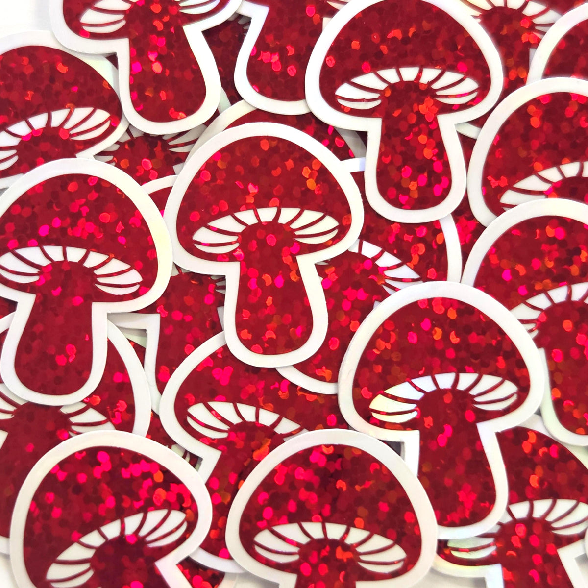 Tiny Red Mushroom Stickers, set of 12 die-cut sparkly toadstool decals for cottagecore scrapbooking, crafts, journals