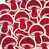 Tiny Red Mushroom Stickers, set of 12 die-cut sparkly toadstool decals for cottagecore scrapbooking, crafts, journals