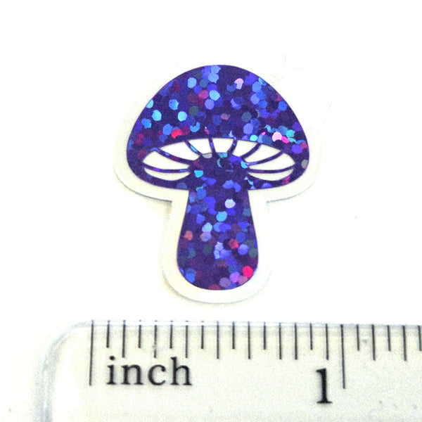 Mini Mushroom Stickers in purple, set of 12 die-cut sparkly toadstool decals for cottagecore scrapbooking, crafts, journals