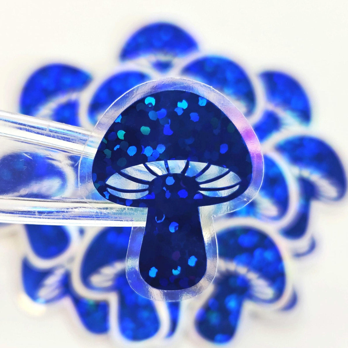 Tiny Blue Mushroom Stickers, set of 12 die-cut sparkly toadstool decals for cottagecore scrapbooking, crafts, journals