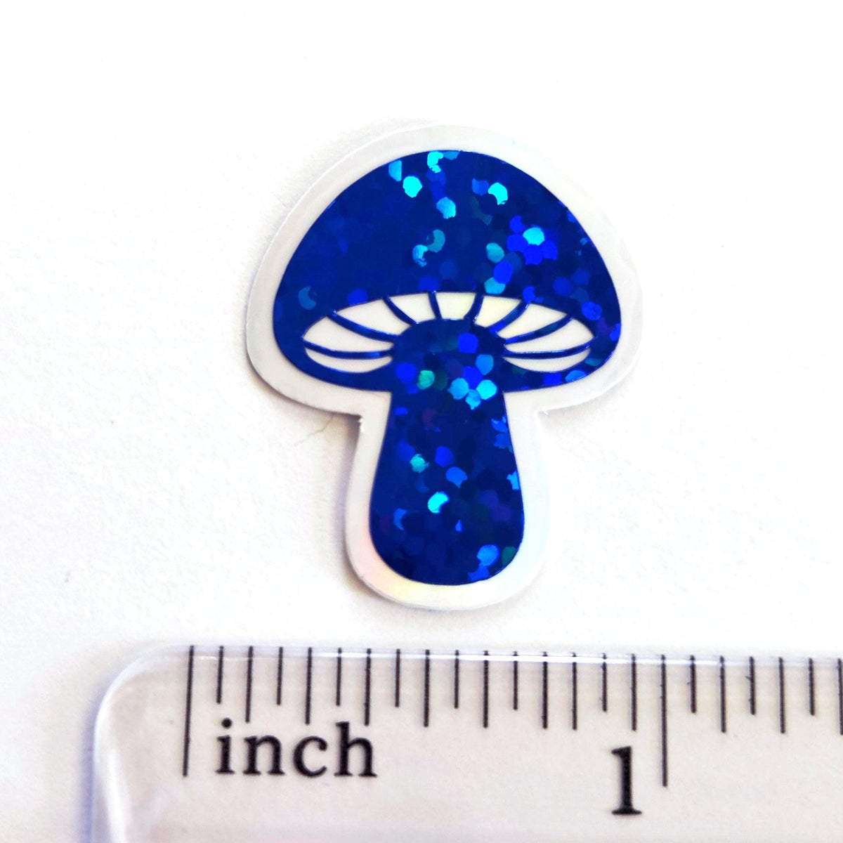 Tiny Blue Mushroom Stickers, set of 12 die-cut sparkly toadstool decals for cottagecore scrapbooking, crafts, journals