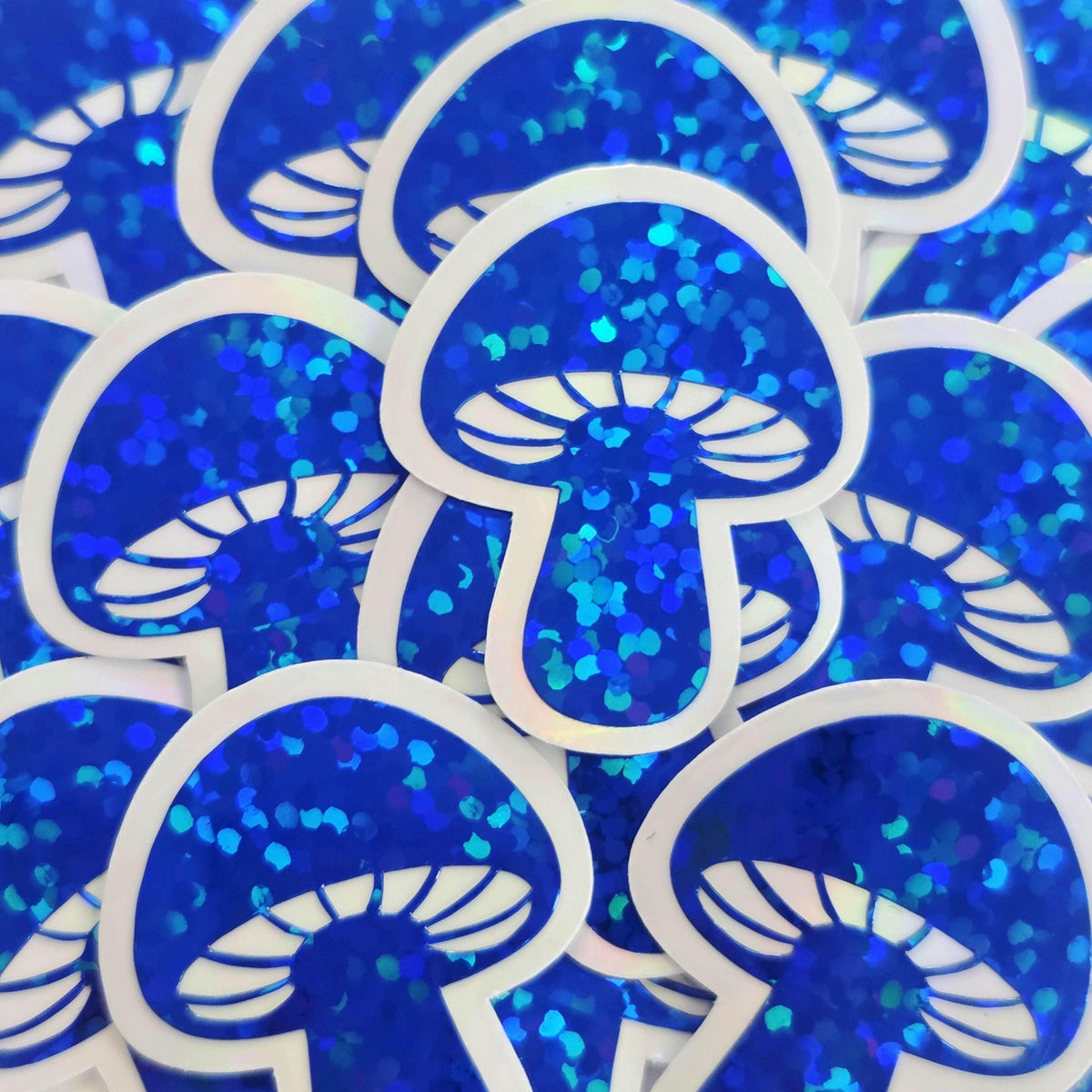Tiny Blue Mushroom Stickers, set of 12 die-cut sparkly toadstool decals for cottagecore scrapbooking, crafts, journals