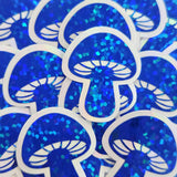 Tiny Blue Mushroom Stickers, set of 12 die-cut sparkly toadstool decals for cottagecore scrapbooking, crafts, journals