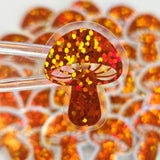 Tiny Orange Mushroom Stickers, set of 12 die-cut sparkly toadstool decals for cottagecore scrapbooking, crafts, journals