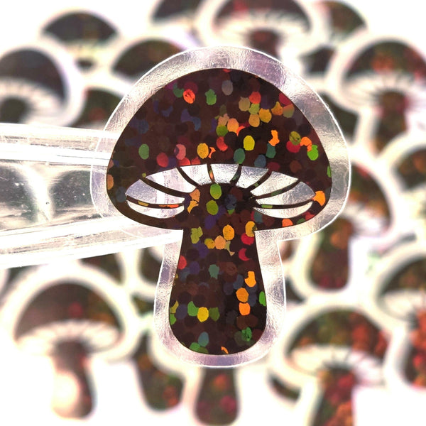 Mini Brown Mushroom Sticker Set, sparkly toadstool decals for cottagecore scrapbooking, crafts, journals