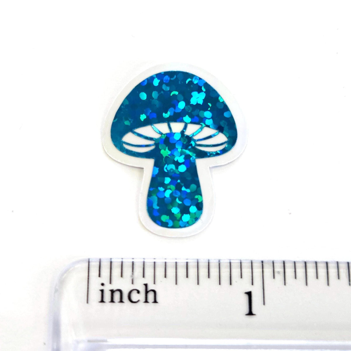 Mini Teal Mushroom Sticker Set, sparkly toadstool decals for cottagecore crafts and scrapbooks.