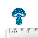 Mini Teal Mushroom Sticker Set, sparkly toadstool decals for cottagecore crafts and scrapbooks.
