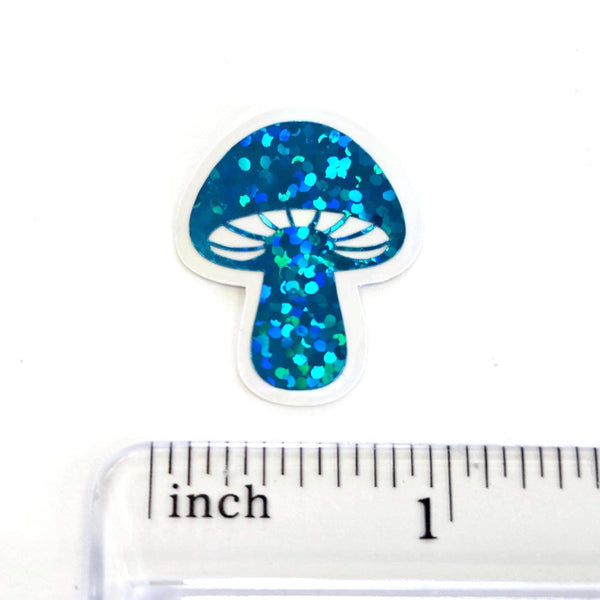 Mini Teal Mushroom Sticker Set, sparkly toadstool decals for cottagecore crafts and scrapbooks.